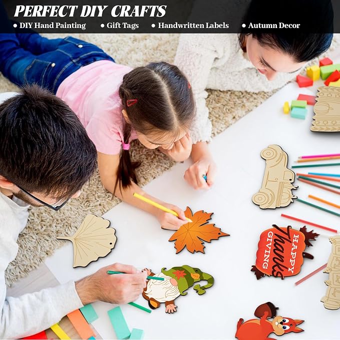 Subacy 80 PCS Unfinished Thanksgiving Wood Cutouts 10 Styles DIY Wooden Crafts