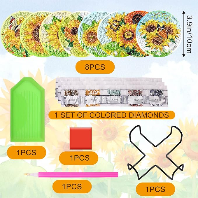 UPINS 8Pcs Sunflower Diamond Art Painting Coasters