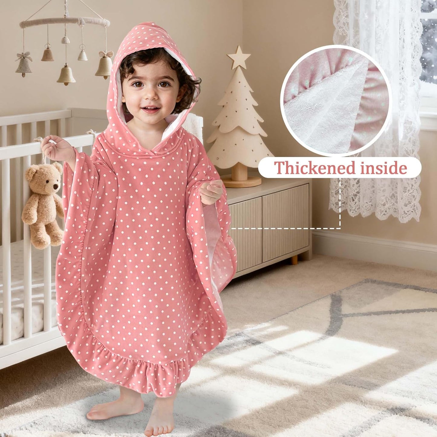 VOOVA & MOVAS Toddler Hooded Towel Poncho with Ruffle Trim | Soft 100% Cotton | Absorbent Thick Towel for Bath, Swim, Beach & Winter | Cozy
