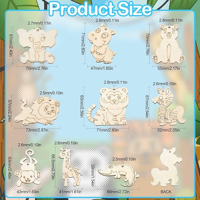45 Pcs 9 Styles Unfinished Animal Wood Cutouts Cute Horse Lion Bear Wooden