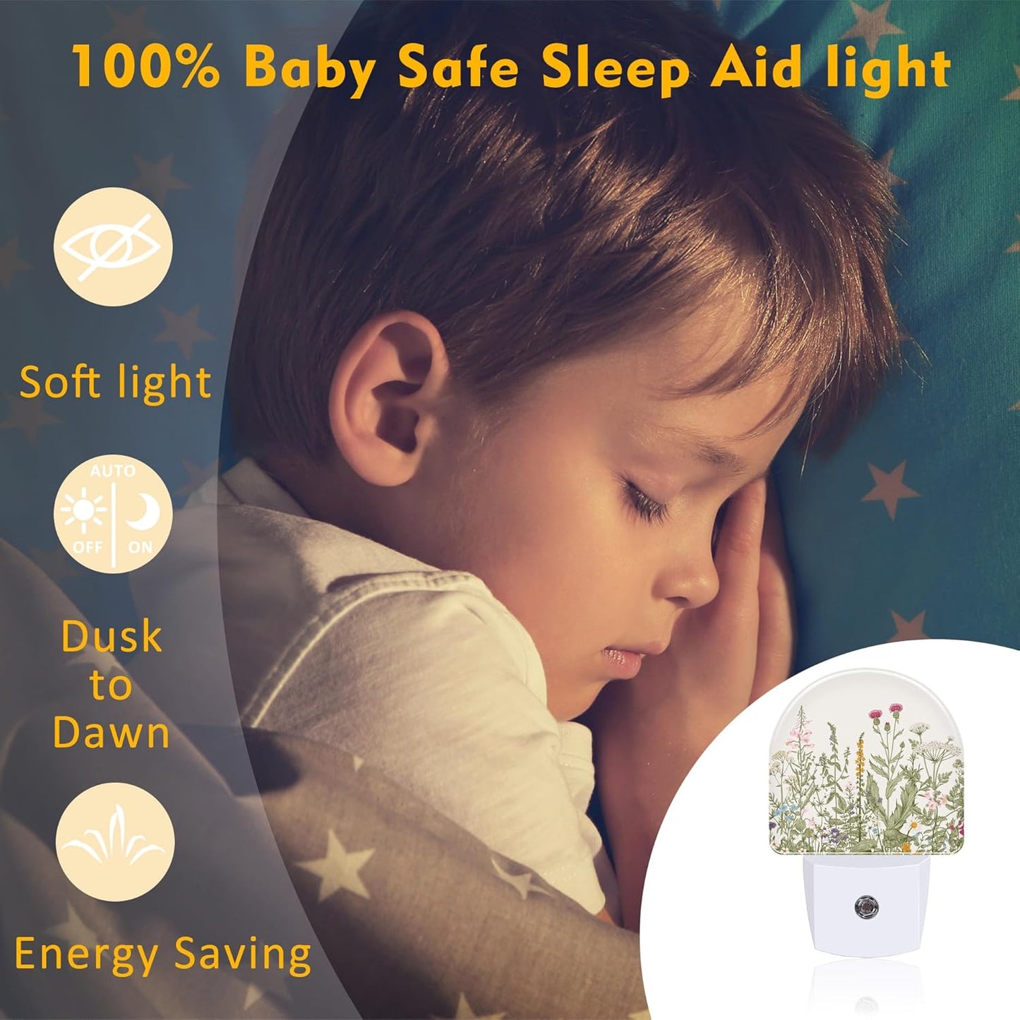 Herbs and Wild Flowers Night Light for Kids,Watercolor Green Botanical Floral Leaves Night Light Plug in with Dusk to Dawn Sensor,0.5w Energy Saving Nightlight for Hallway Stairway Kitchen Bedroom