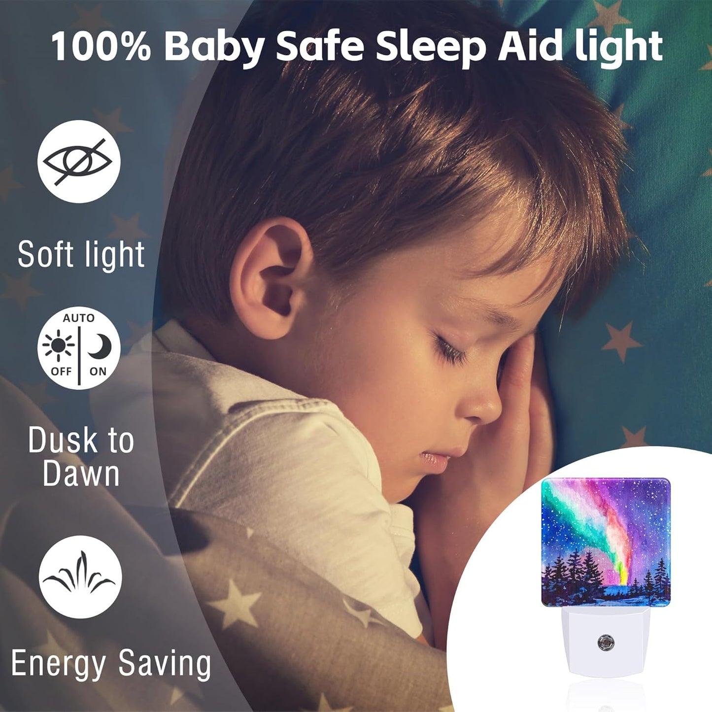 Northern Lights Starry Night Night Light Plug into Wall, Winter Snowy Forest 0.5w Energy Saving Sleep Friendly Dusk to Dawn NightLights for Kids Boys Girls Home Decor