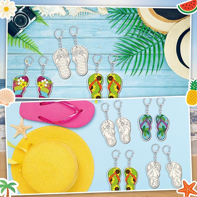 RattanView 24 Pcs Flip Flop Slipper Craft Color Your Own Keychains DIY Craft