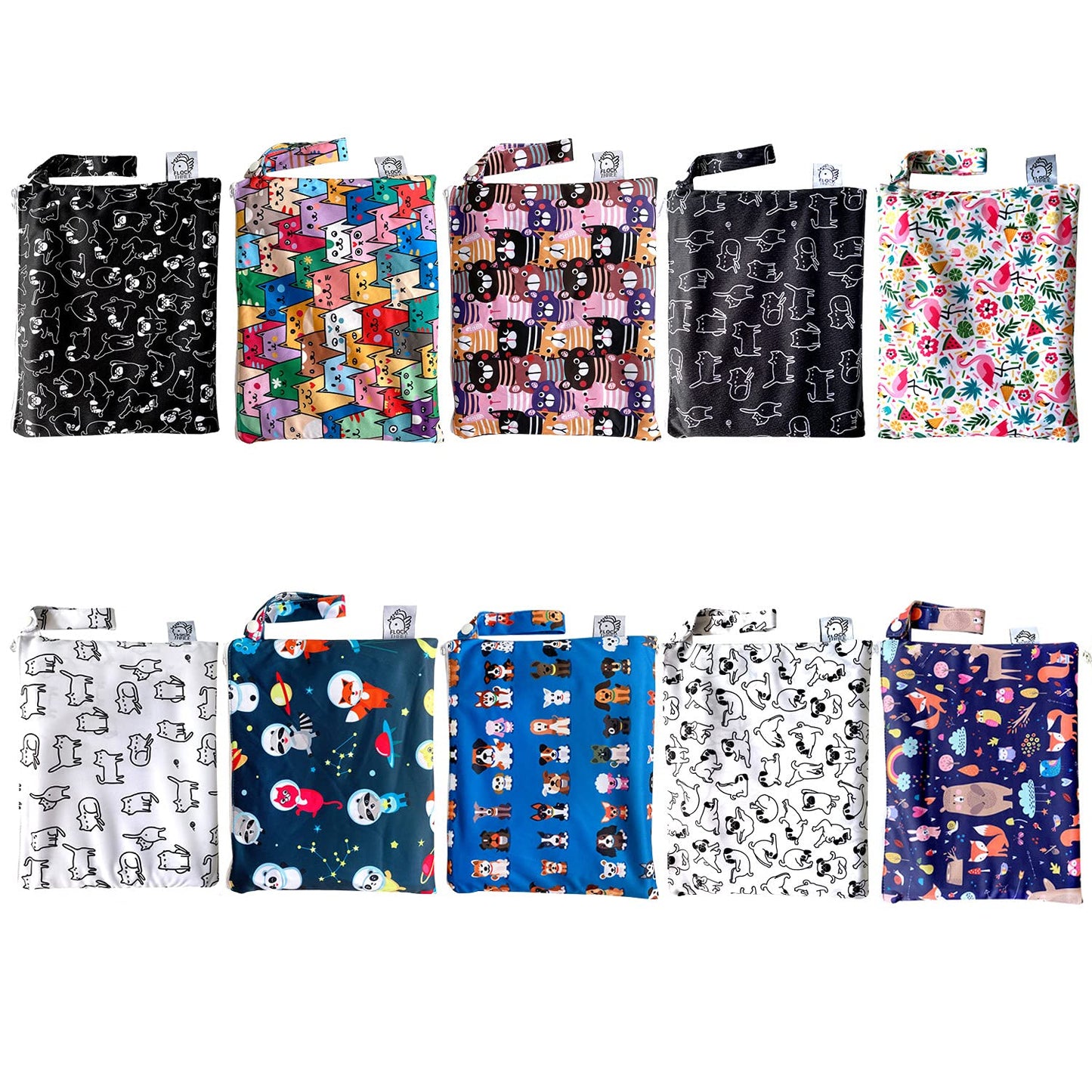 Flockthree Waterproof Baby Changing Pad with Storage Bag (28.7" X 19.7") Washable Wipeable Reusable Leak Proof Diaper Travel Mat Station Changing Mattress Liner Cribs Bed Cover, Dog Family