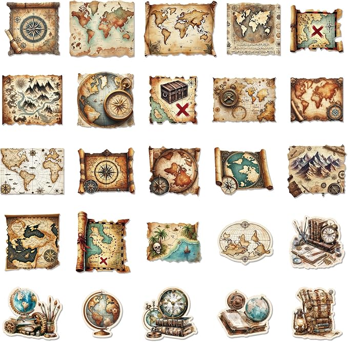 PRSTINCOL 100Pcs Vintage Sticker Pack, Cute Map Design Scrapbook Supplies