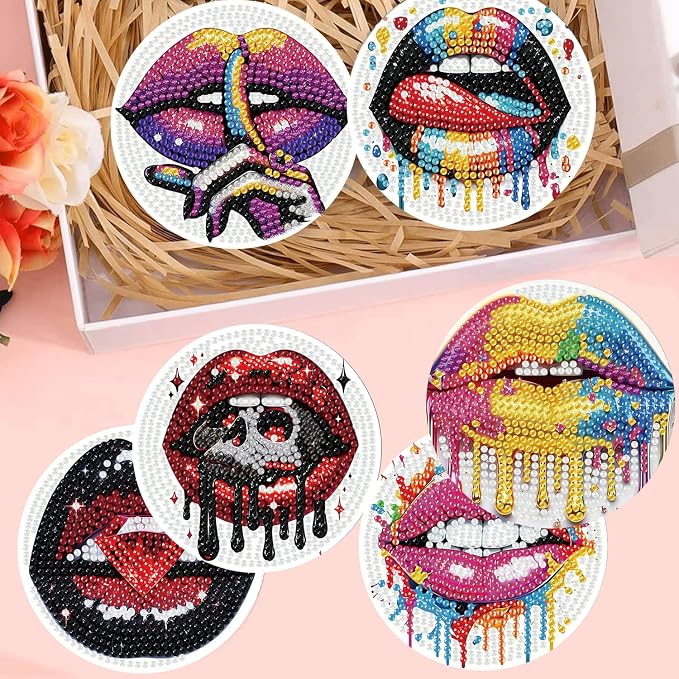 8 Pack Diamond Art Coasters, Sexy lips Diamond Painting Coasters Kits | Lips