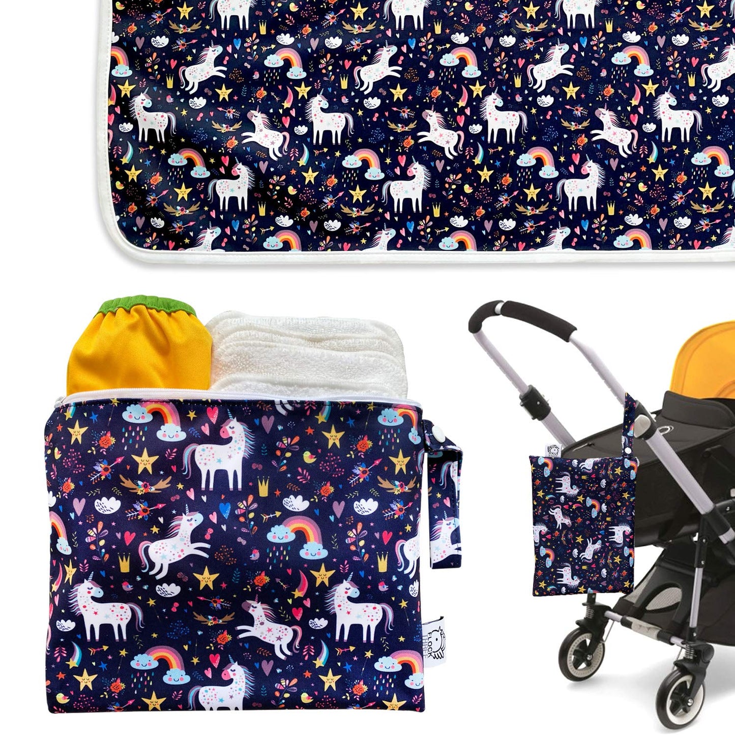 Flockthree Waterproof Baby Changing Pad with Storage Bag (43.3" X 28.7") Washable Wipeable Reusable Leak Proof Diaper Travel Mat Station Changing Mattress Liner Cribs Bed Cover, Unicorns