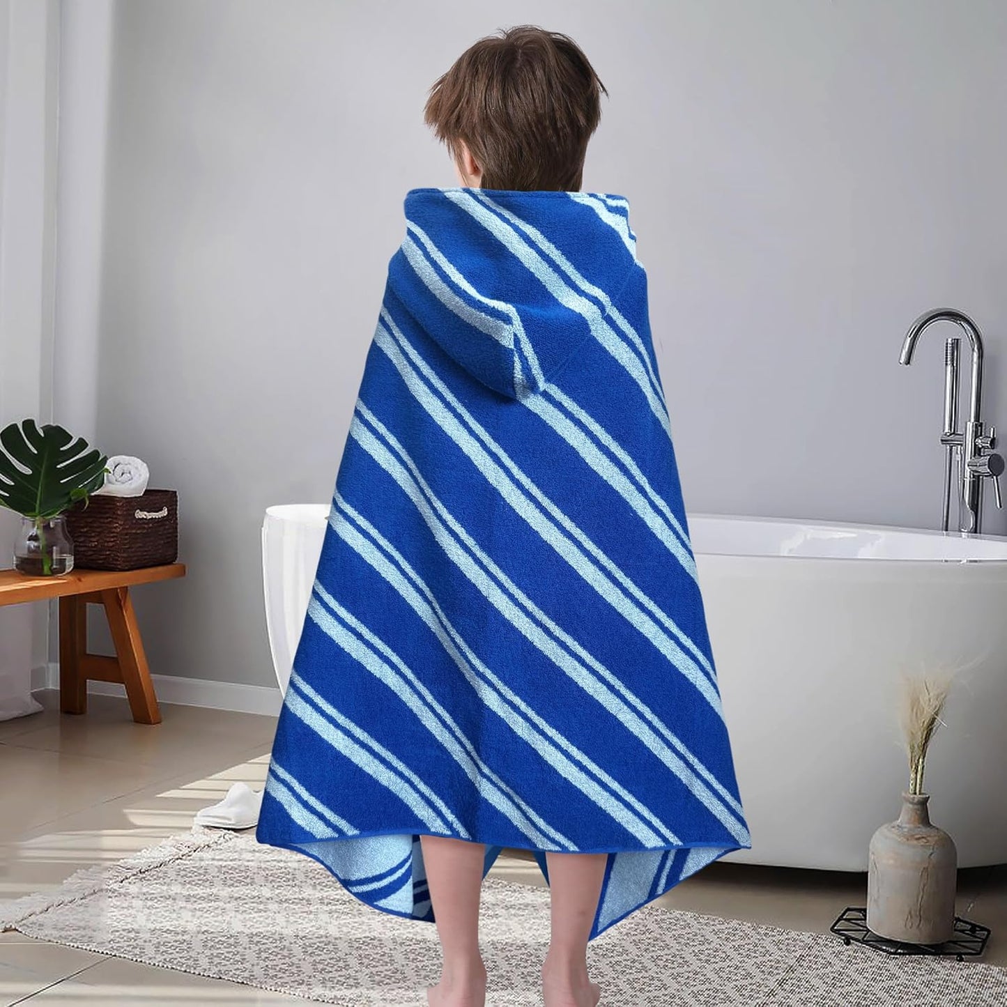 VOOVA & MOVAS Hooded Bath Towels for Kids (3-10Years,27.5"x55"),100% Cotton Absorbent Soft Towel Wrap for Toddler Boys,Perfect for Bathroom | Pool | Beach | Swimming, Jacquard Blue Stripe