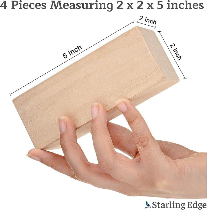 Basswood Carving Blocks 2 x 2 x 5 Inch, 4 Pack | Soft smooth paintable basswood