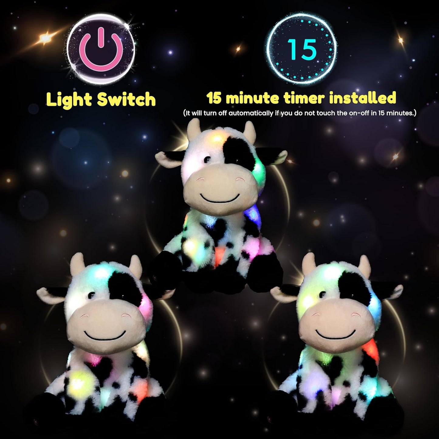 Hopearl LED Plush Smile Cow Light up Stuffed Animal Diary Cattle Floppy Night Lights Glow in The Dark Birthday Festival for Kids Toddler Girls, 11''