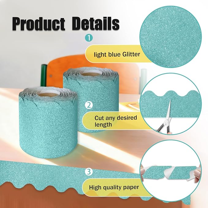 70Ft Shine Light Blue Bulletin Board Borders，Scalloped Poster Boards