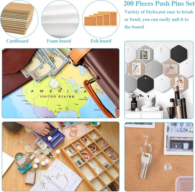 BESARME 200 Pcs Push Pins for Bulletin Board, Thumb Tacks for Cork Board | Clear