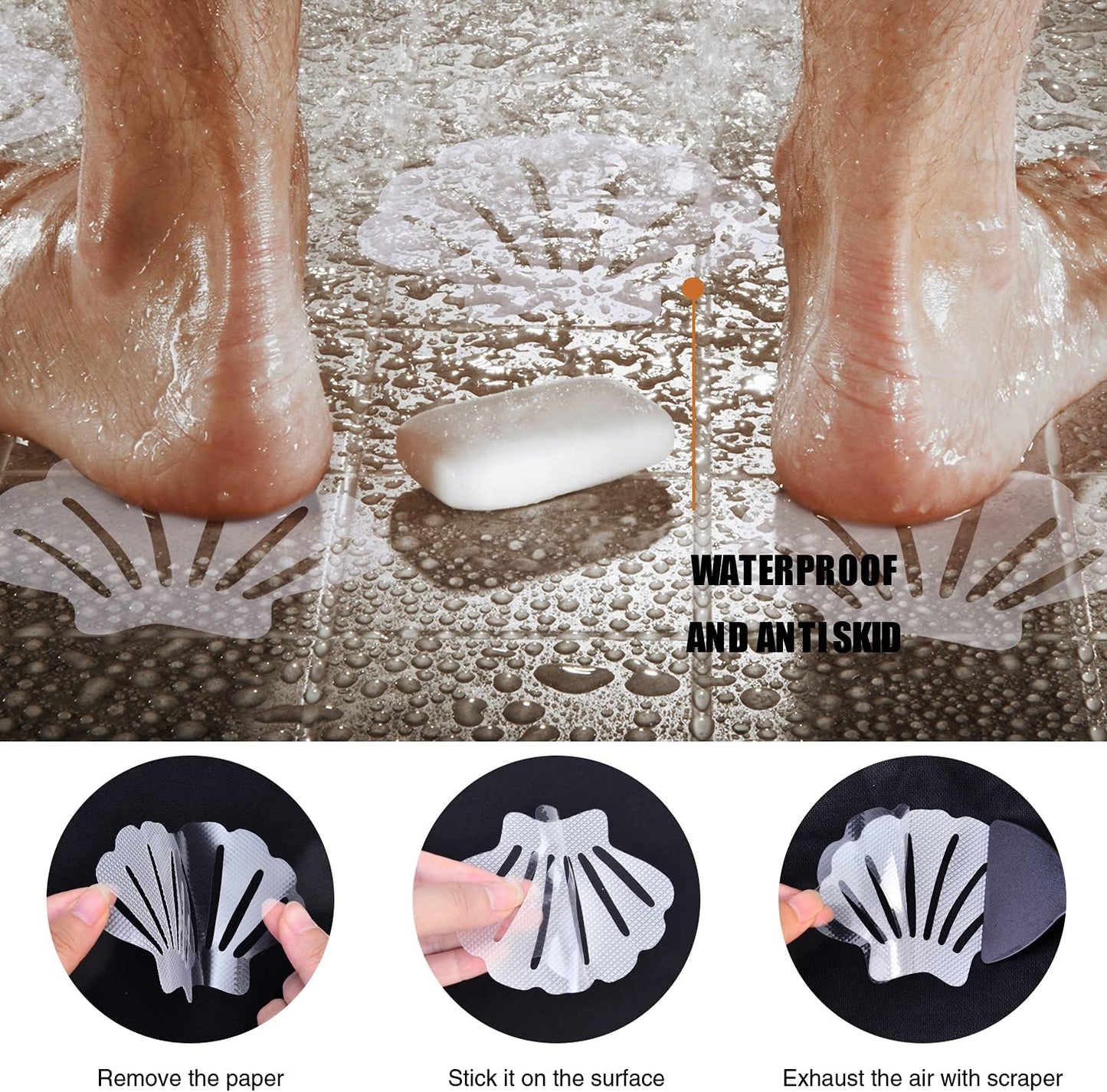 Non-Slip Bathtub Stickers, 24 PCS Shell Safety Bathroom Tubs Showers Treads Adhesive Decals Scraper (Clear)