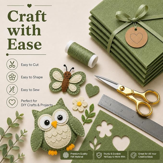 Sage Green Large Felt Fabric 36" x 36", 1mm Stiff Felt Sheet, Nonwoven Fabric