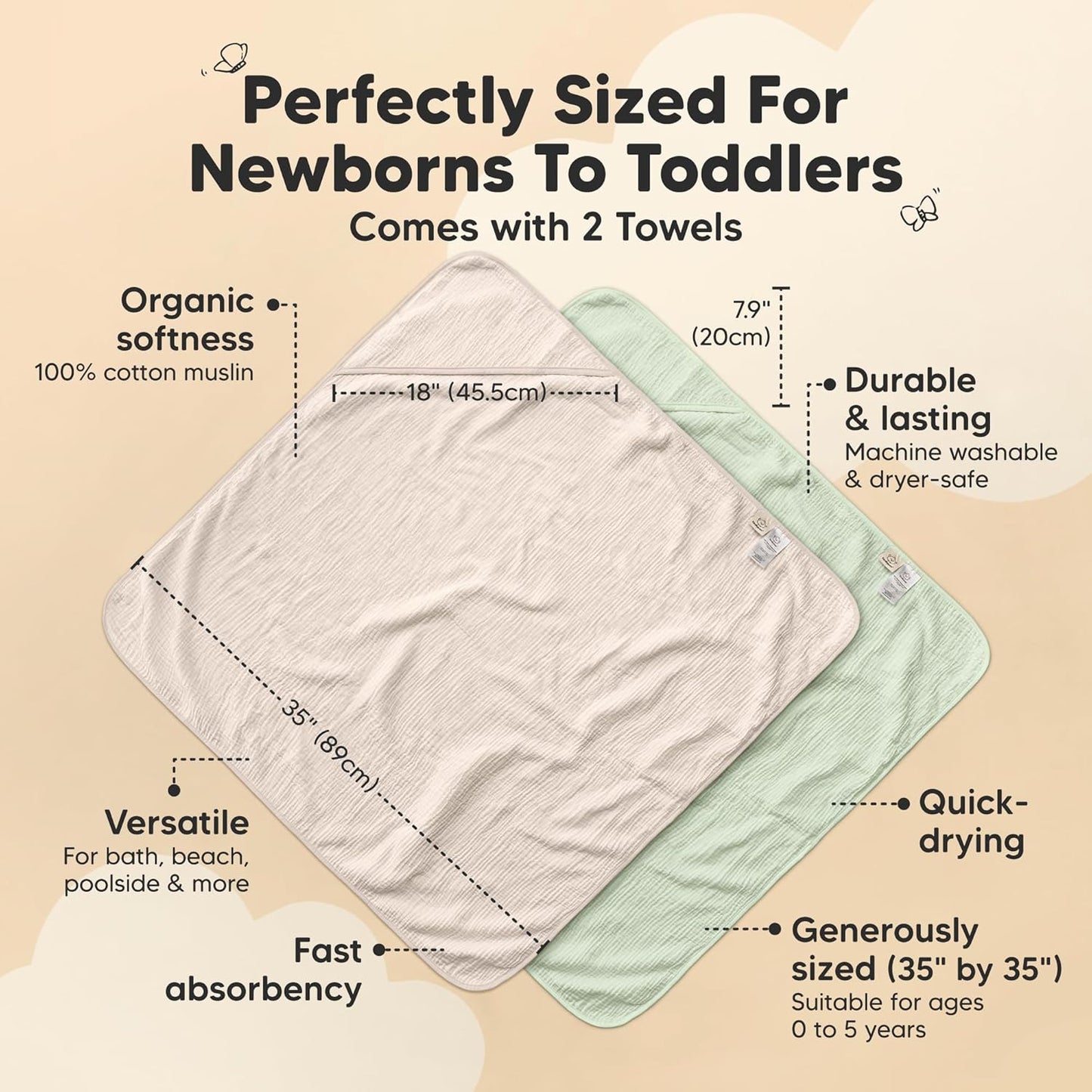 KeaBabies Muslin Hooded Baby Towels for Newborn Girls, Boys - 2-Pack, 35x35 Organic Cotton Baby Bath Towels Hooded, Soft Absorbent, Toddlers, Kids, Infant, Newborn Bath Essentials (Sage, Regular)
