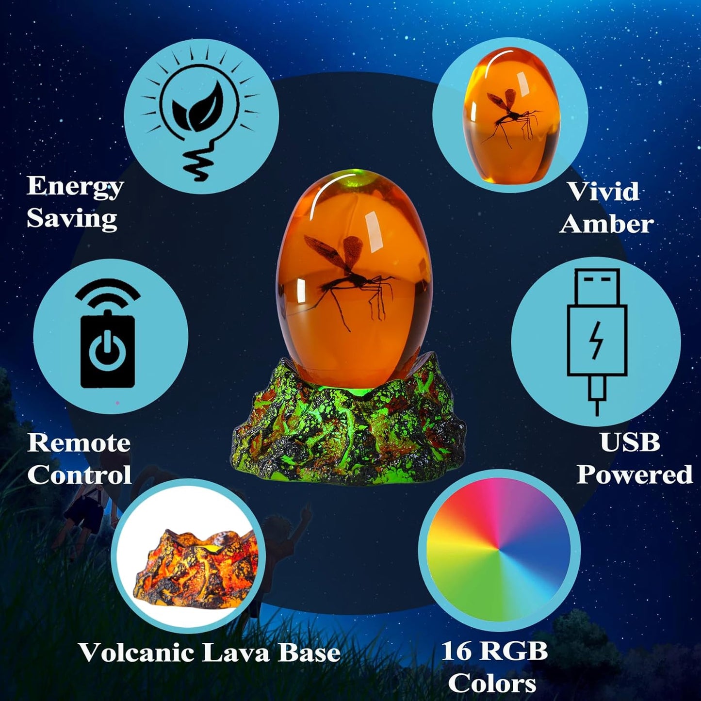 Jurassic 3D Mosquito in Amber Resin, Mosquito Resin with Volcanic Lava Lamp Base with Remote 16 Colors Flshing RGB Dimmmable, True 3D 3.3 Inches Tall Dinosaur DNA Replica Paper Weight Gifts