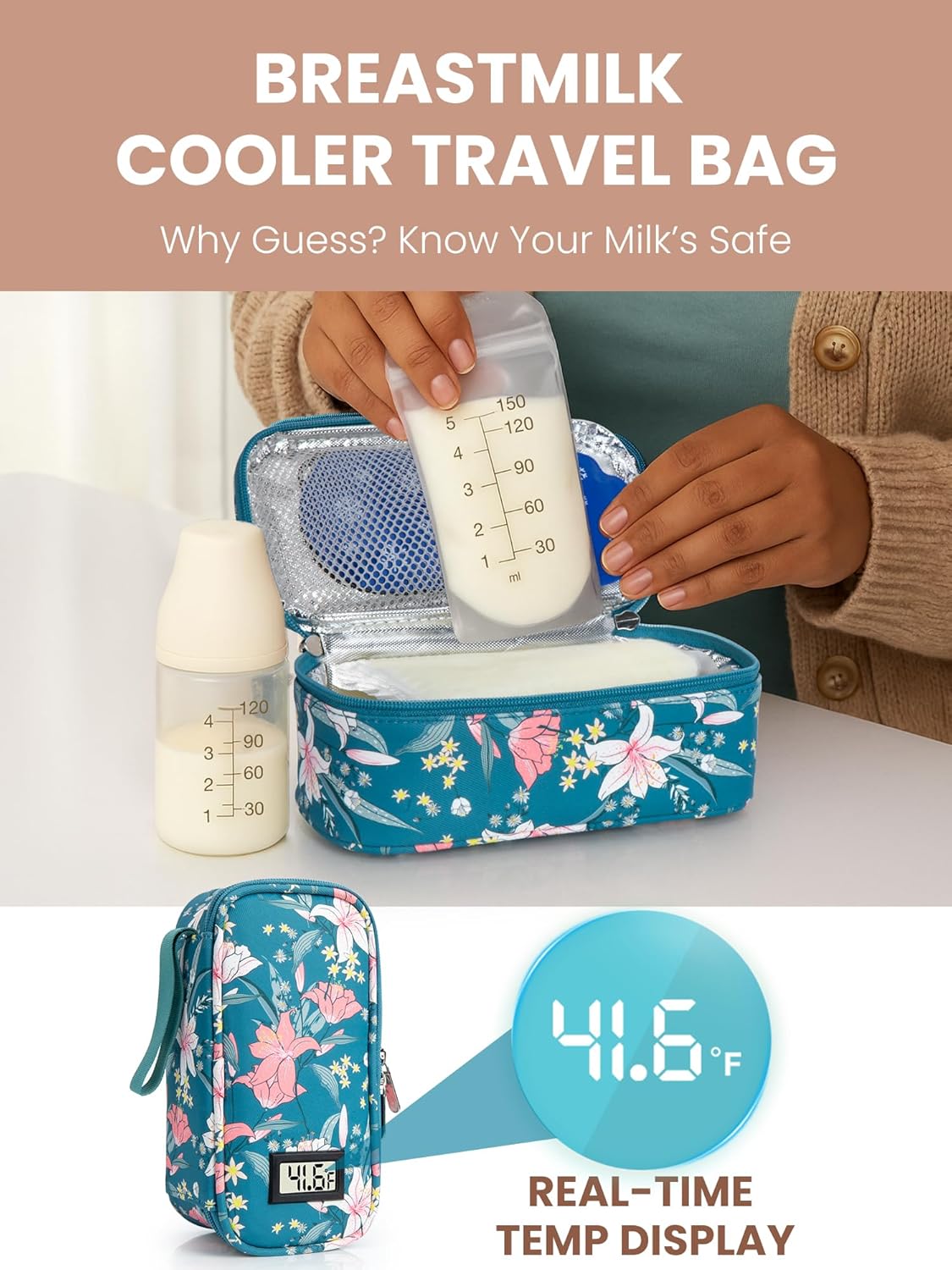Breast Milk Cooler Travel Bag, Real-Time Temperature Display, Holds 4-6 Breastmilk Storage Bag with 2 Breast Milk Ice Pack, Cooling & Waterproof Portable Cooler for Moms on The Go(Lily)