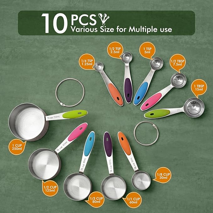 HOTEC 10-Pack Measuring Cups &Spoons Set, Kitchen Gadagets Cooking Baking