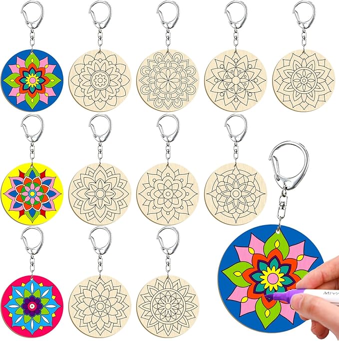 RattanView 24 Pcs Mandala Craft Color Your Own Keychains DIY Craft Wooden Blank
