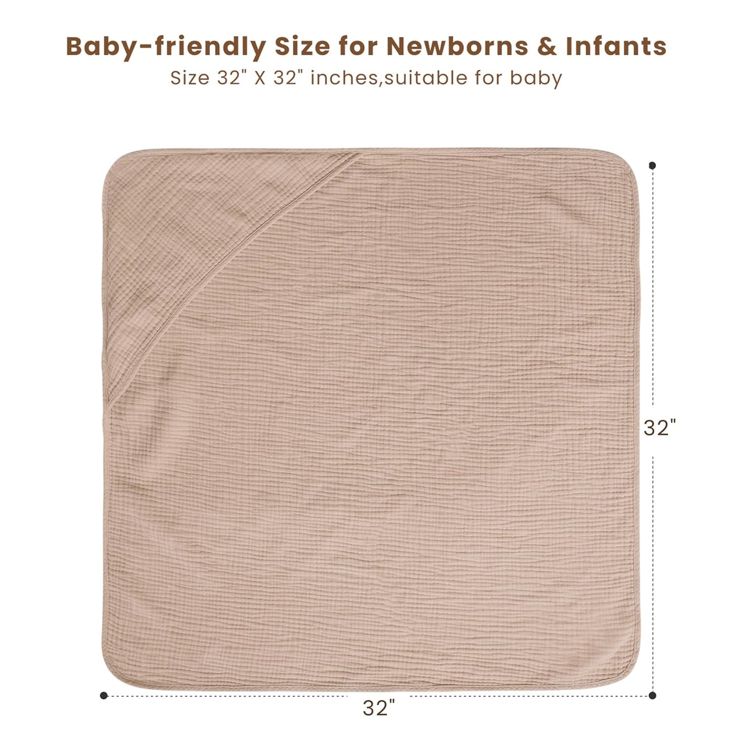 Konssy 2-Pack Muslin Hooded Baby Towels, 100% Cotton, Ultra-Soft & Absorbent Baby Bath Towels with Hood for Newborn & Infant (Cream, Camel,32" x 32")