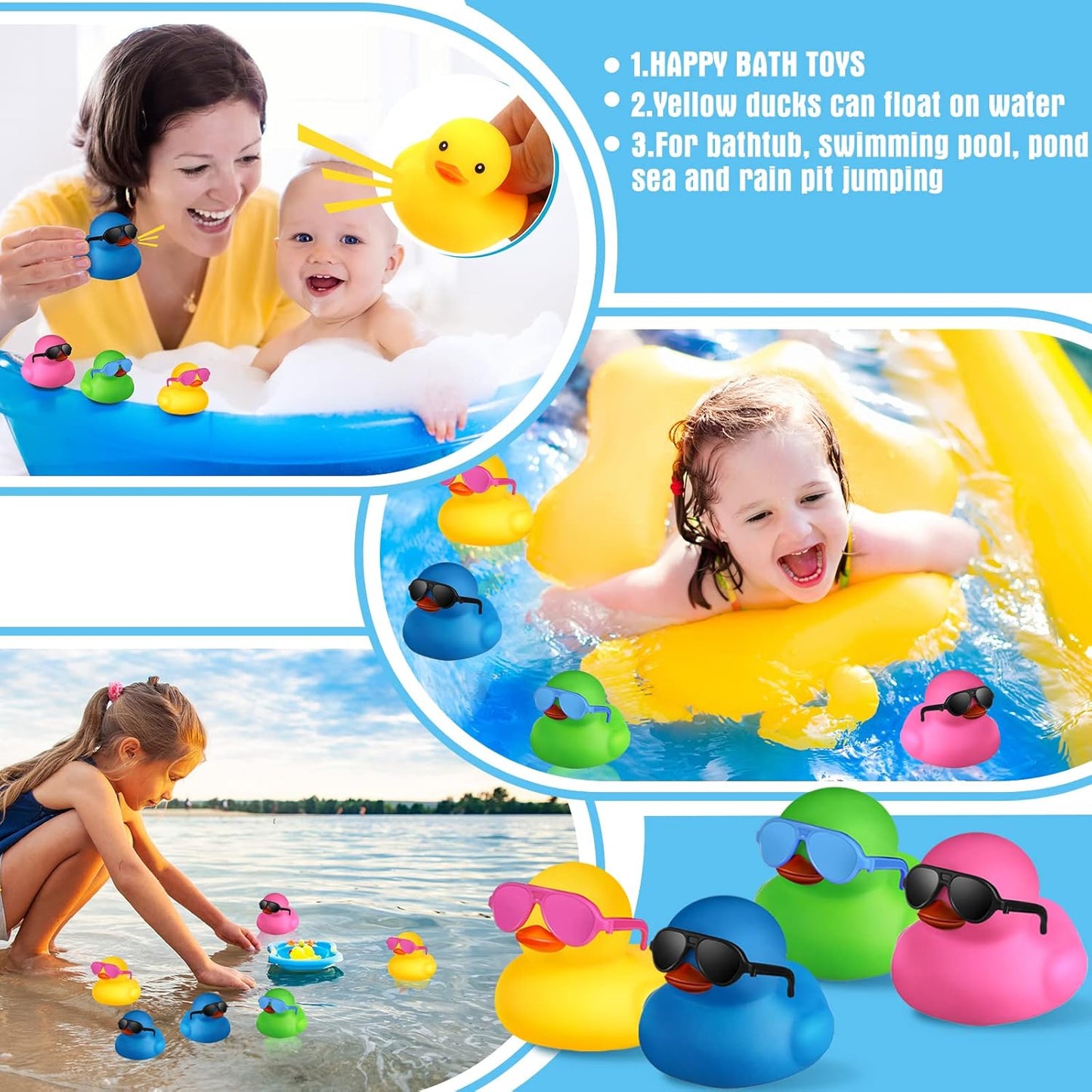 24 Pcs Mini Rubber Ducks with Sunglasses, Rubber Ducks in Bulk Valentine Bathtub Toys for Cruise Valentines Kids Classroom Gift Exchange(Eyeglasses,Yellow, Blue, Pink, Black, Green)