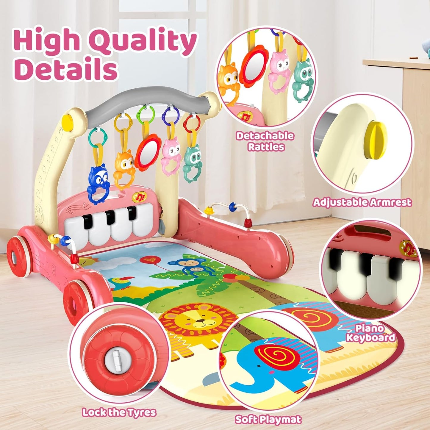 2 in 1 Baby Gym Play Mat with Walker, Kick and Play Piano Gym Activity for Boys Girls, Musical Activity Center Tummy Time Mat for 0-3-6-12-18 Months, Learning Walker Play Gym for Infant Girl Gift(RED)