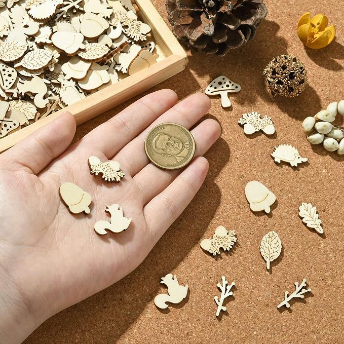 200 Pcs Unfinished Wooden Animal Plants Cutouts Squirrel Hedgehog Leaf Shapes