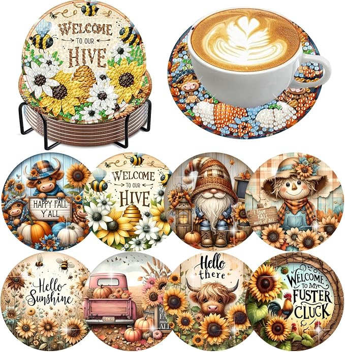 Axquilon 8 Pcs Fall Diamond Art Coasters Kit