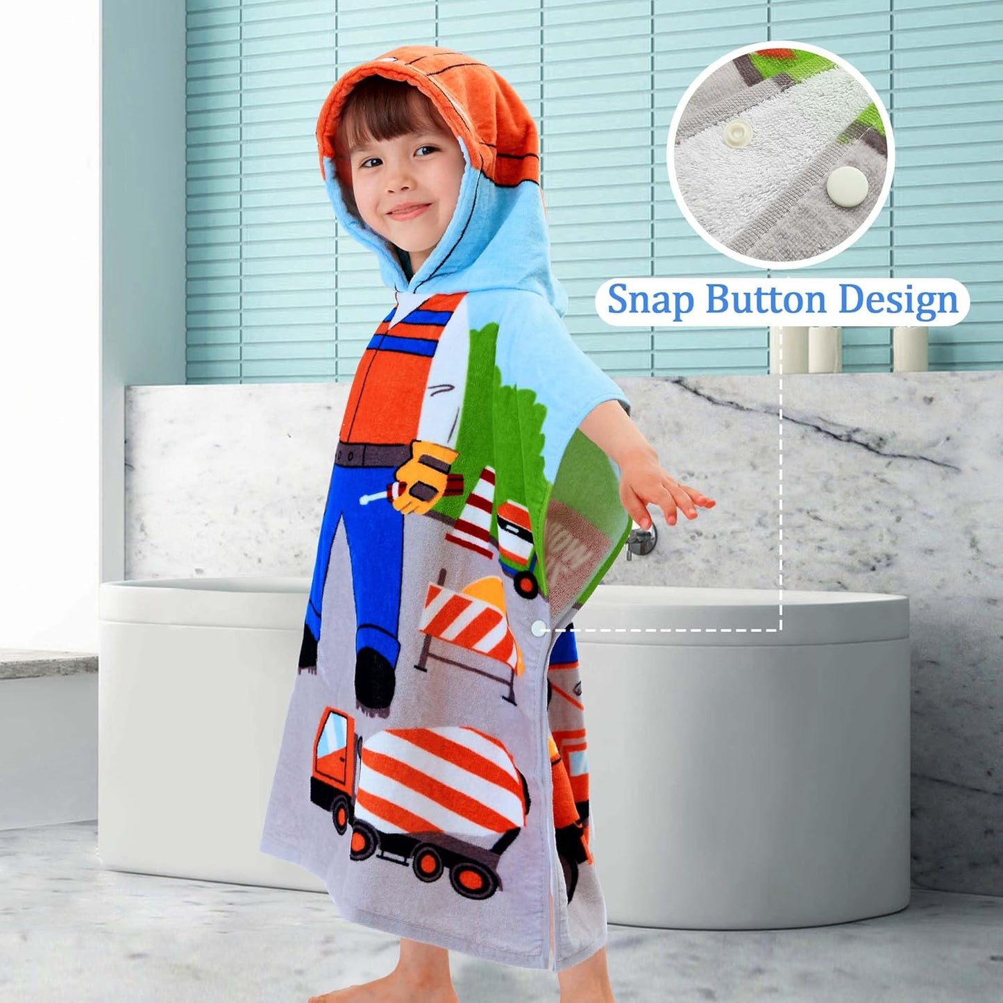 VOOVA & MOVAS Kids Beach Towels with Hood, (2-6Years,24"X48") Soft Cotton | Poncho for Toddlers, Ideal for Child Swim Camping Surf Shower | Birthday Gifts, Truck Work Zone Theme
