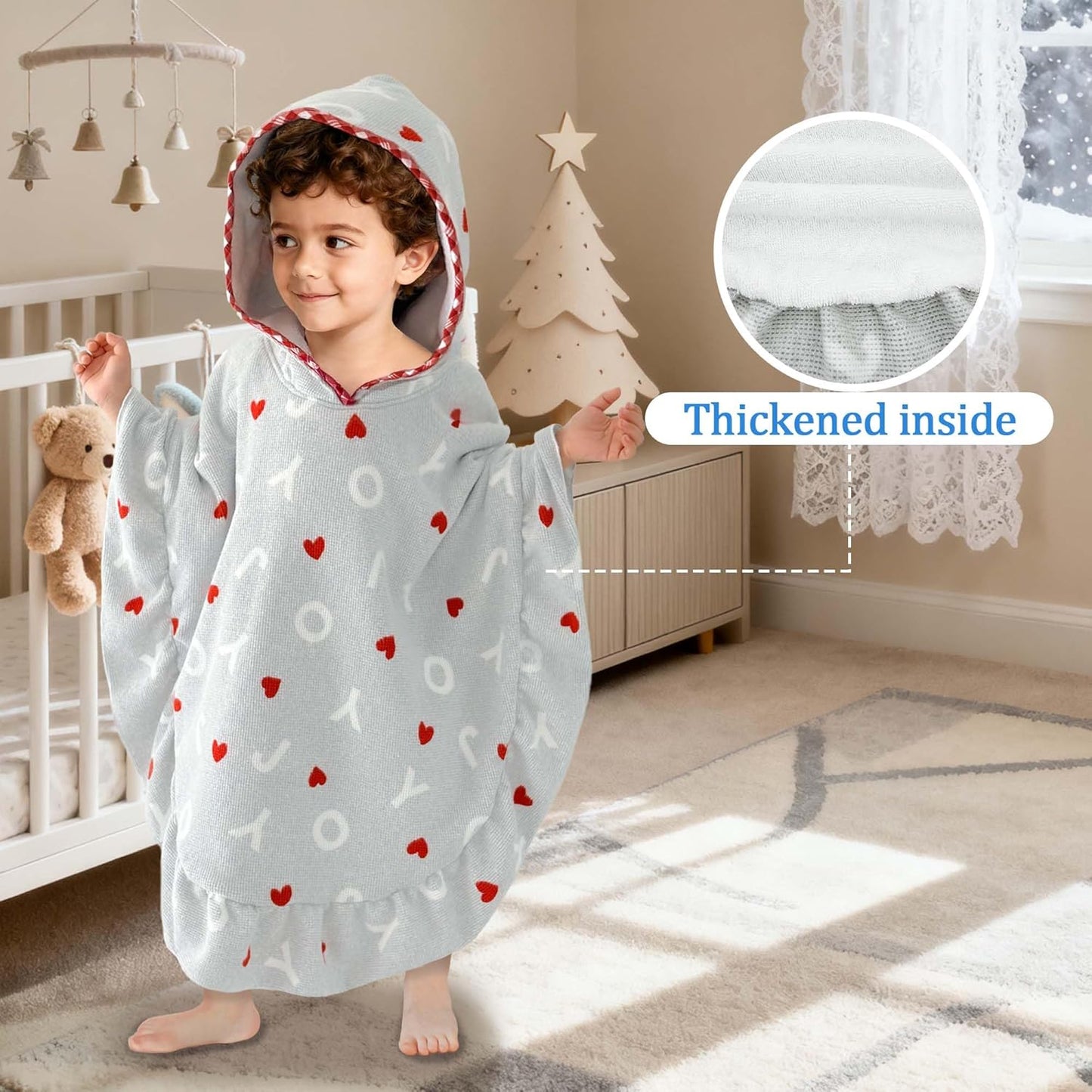 VOOVA & MOVAS Baby Hooded Towel Poncho with Ruffle Trim | Soft 100% Cotton | Absorbent Thick Towel for Bath, Swim, Beach & Winter | Cozy, Gray Joy