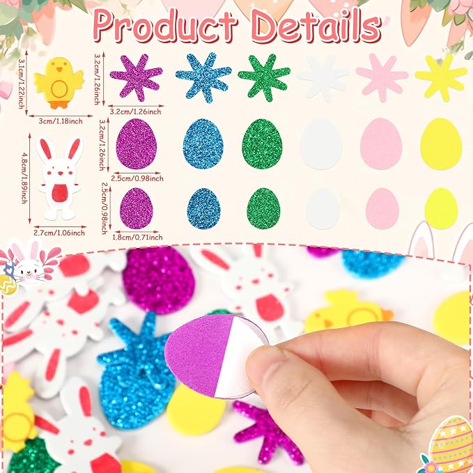 600Pcs Easter Foam Stickers Glitter Bunny Eggs Chick Stickers | Self-Adhesive
