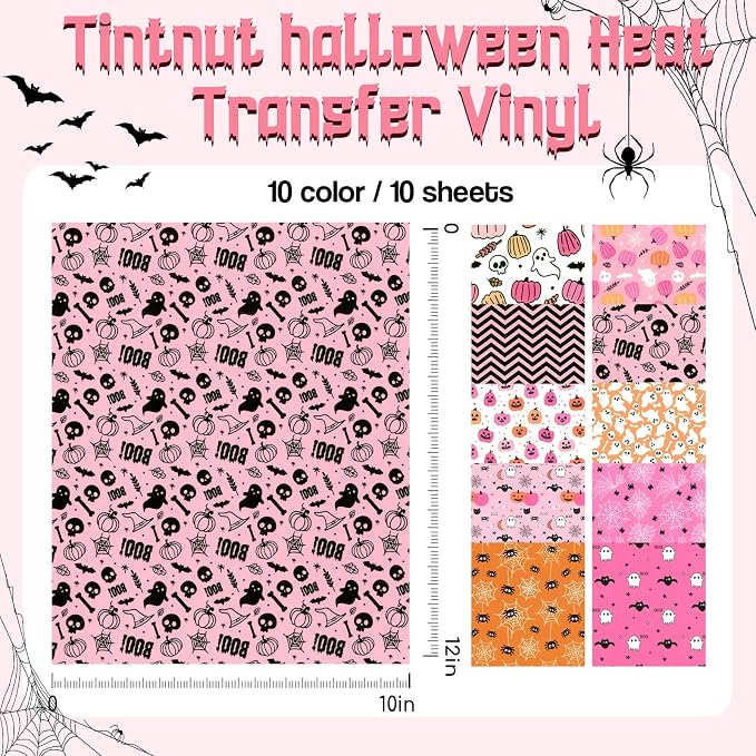 Tintnut Pink Halloween Heat Transfer Vinyl, pumpkins & bats patterned HTV