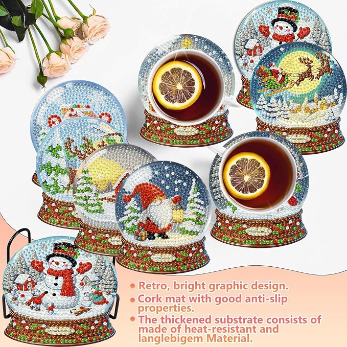 8 PCS Christmas Diamond Art Coasters Kits Snowball Diamond Painting Coaster |
