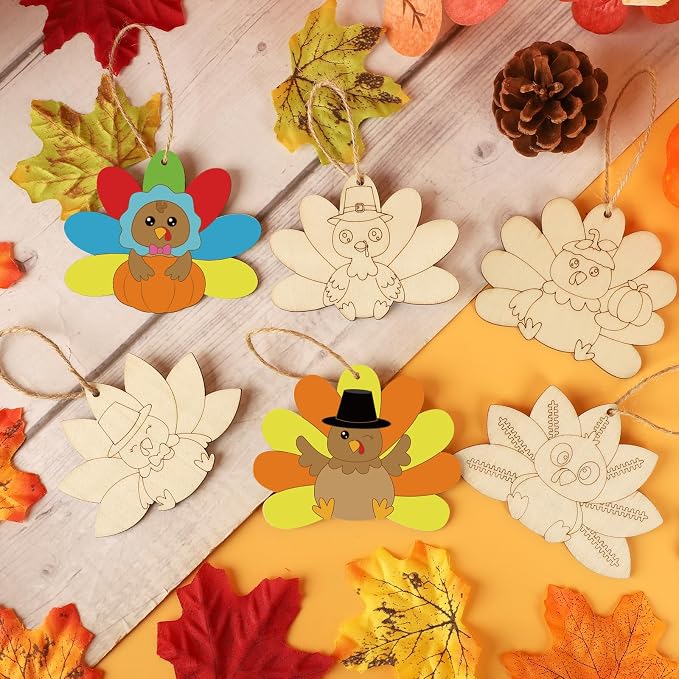 24 PCS Unfinished Wooden Thanksgiving Crafts, Turkey Shaped Hanging Ornaments