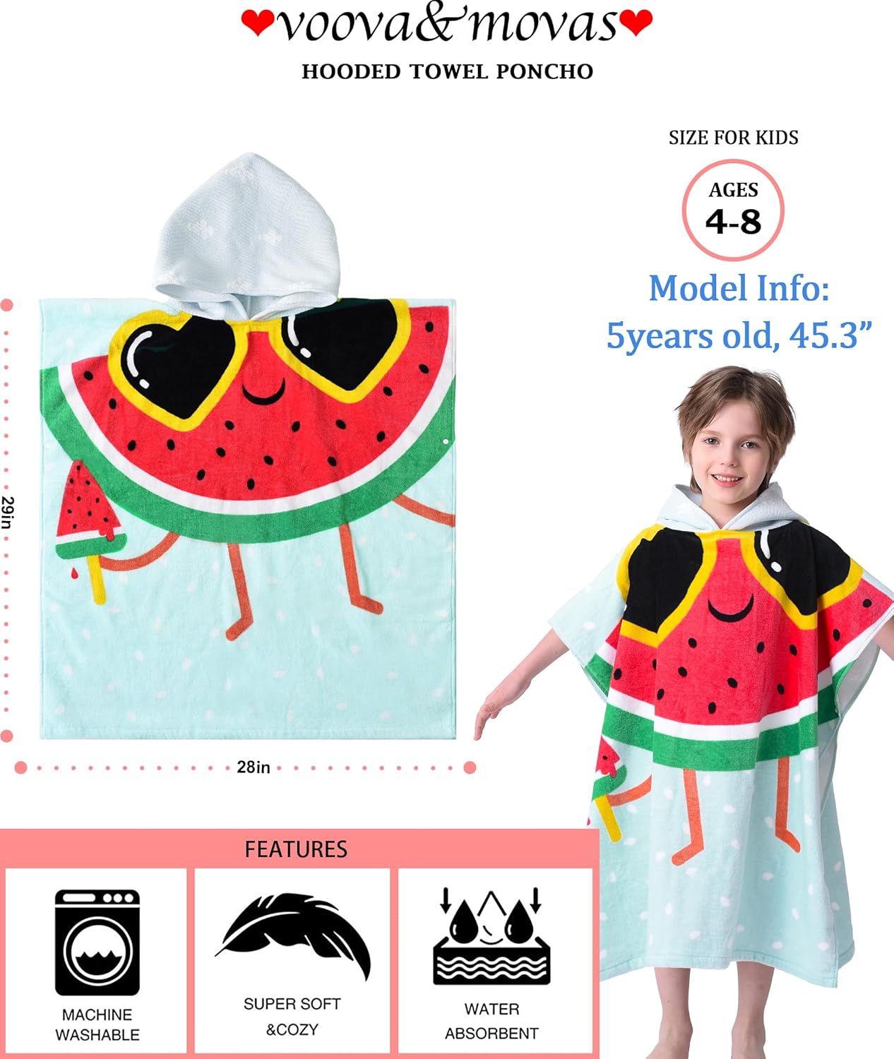 VOOVA & MOVAS Kids Beach Towels with Hood (4-8Years,28"X58") Super Absorbent Soft Cotton Bath | Pool Poncho Towel for Boys and Girls, Perfect for Summer | Swim | Gifts, Watermelon