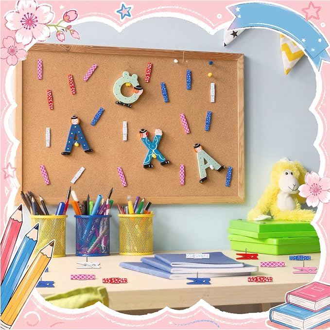 LemonRoad 60 Pcs Push Pin with Wooden Clips Teacher Cork Board Artworks