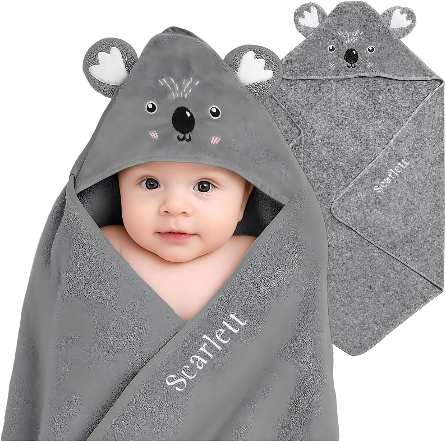 Personalized Baby Towels for Newborn Custom Embroidery Name Hooded Baby Bath Towels for Boy Girl Newborn Essentials Must Haves Shower Gift Soft Coral Velvet 30"x30" (Gray)