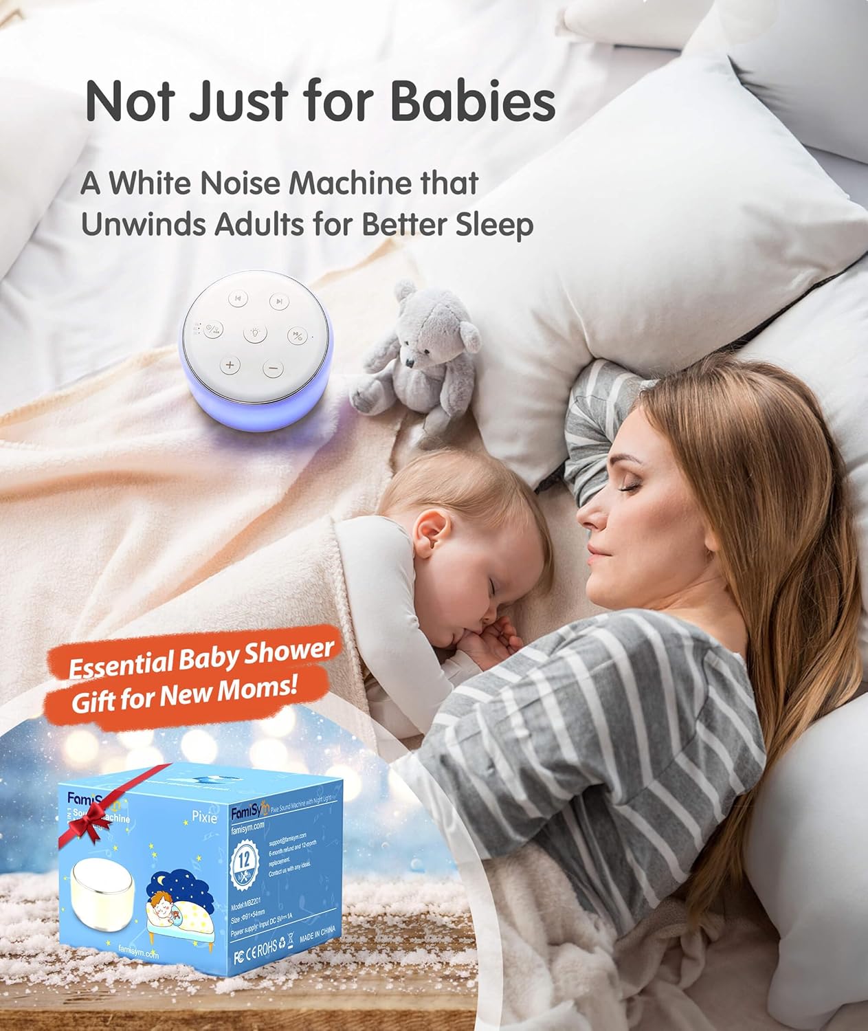 FamiSym White Noise Sound Machine Baby for Sleeping with Night Light – 34 Soothing Sounds, Rechargeable White Noise Machine for Kids Adults, Portable Lullaby Sleep Machine Baby Soother Home Travel