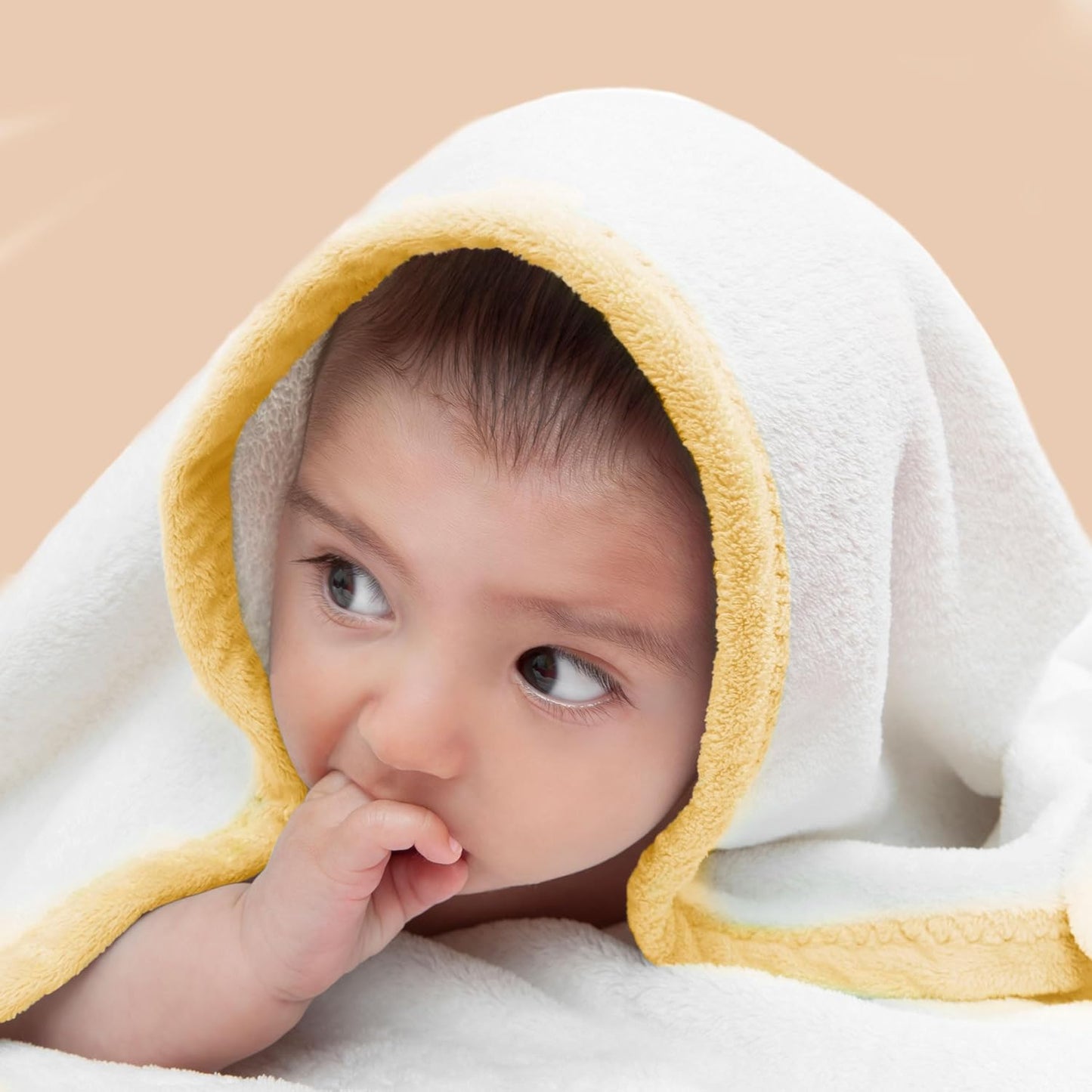 POLYTE Premium Hypoallergenic Microfiber Hooded Baby Bath Towel, 36 x 36 in, 2 Pack (White w/Yellow,Pink Trim)