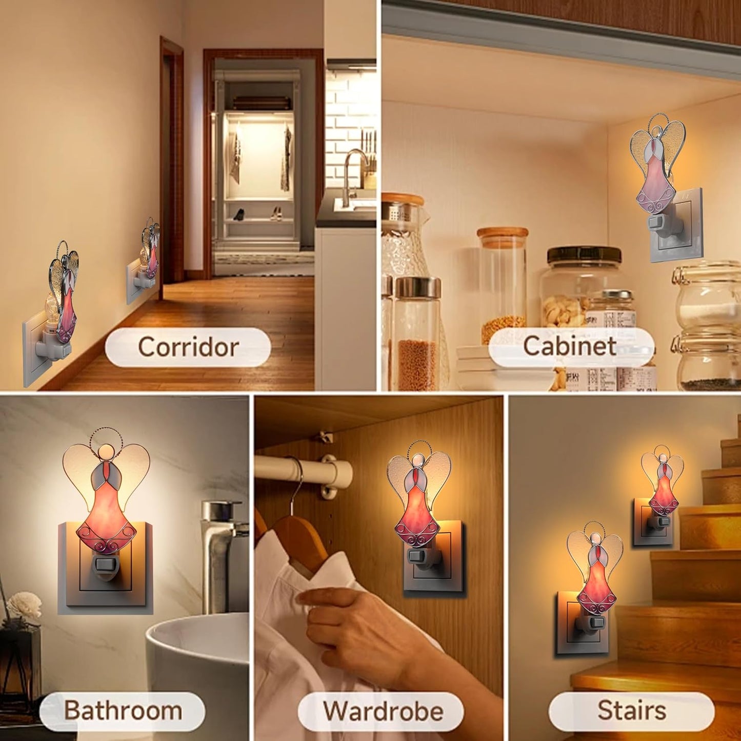 Night Lights Plug Into Wall Stained Glass 7W Plug in Night Light Dusk to Dawn 3000K Warm White Nightlight Switch-On/Off for Adult Kids Room Bathroom Hallway Kitchen Non-Dim (Pink Angel 5" H)