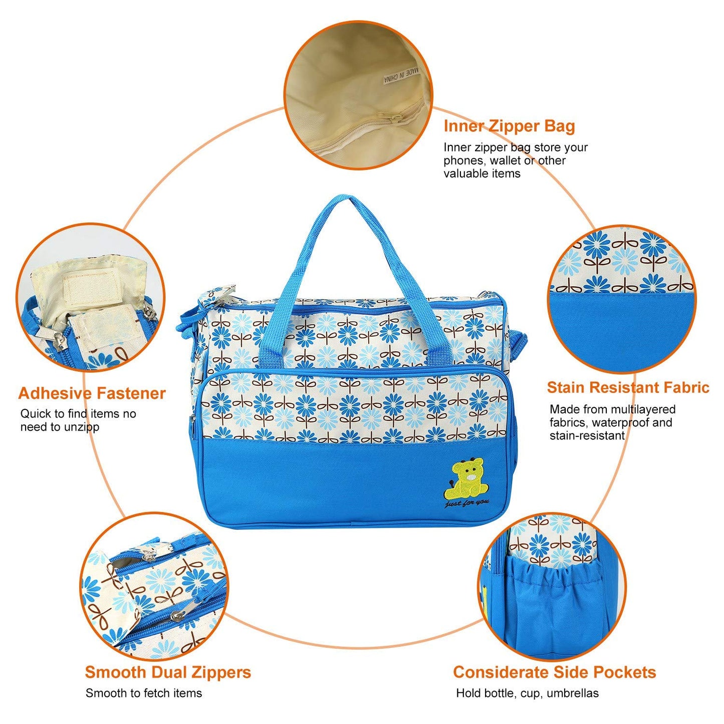 Moclever Diaper Bag Tote Set, 5PCS Baby Bags for Mom and Dad – Large Maternity Travel Bag with Insulated Bottle Holder, Food Bag & Portable Changing Pad, Waterproof Baby Essentials Organizer (Blue)