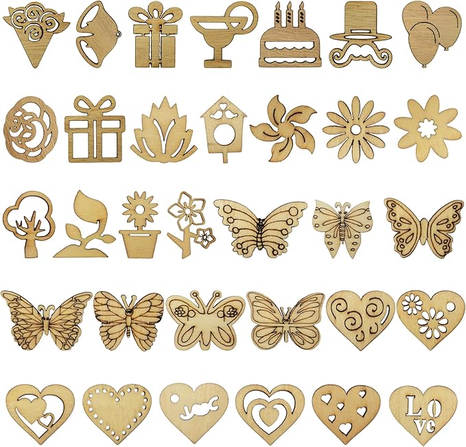 DIYOMR 200Pcs Hollow Wood Pieces Unfinished Wooden Vintage Embellishments