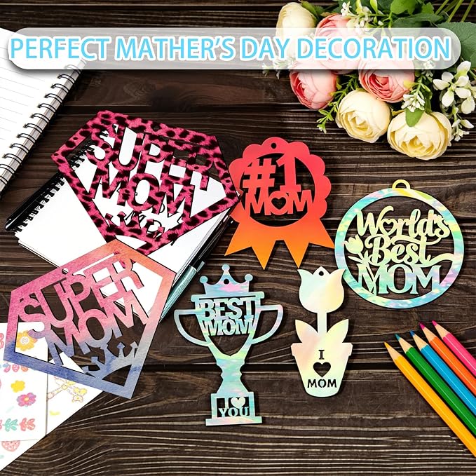 Mom Gift 40Pcs 5 Style Unfinished Wooden Mother's Day Ornaments DIY Craft
