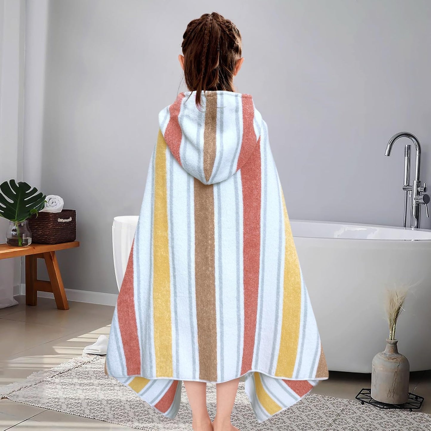 VOOVA & MOVAS Hooded Bath Towels for Kids (3-10Years,27.5"x55"),100% Cotton Absorbent Soft Towel Wrap for Toddler Boys,Perfect for Bathroom | Pool | Beach | Swimming, Jacquard Stripe