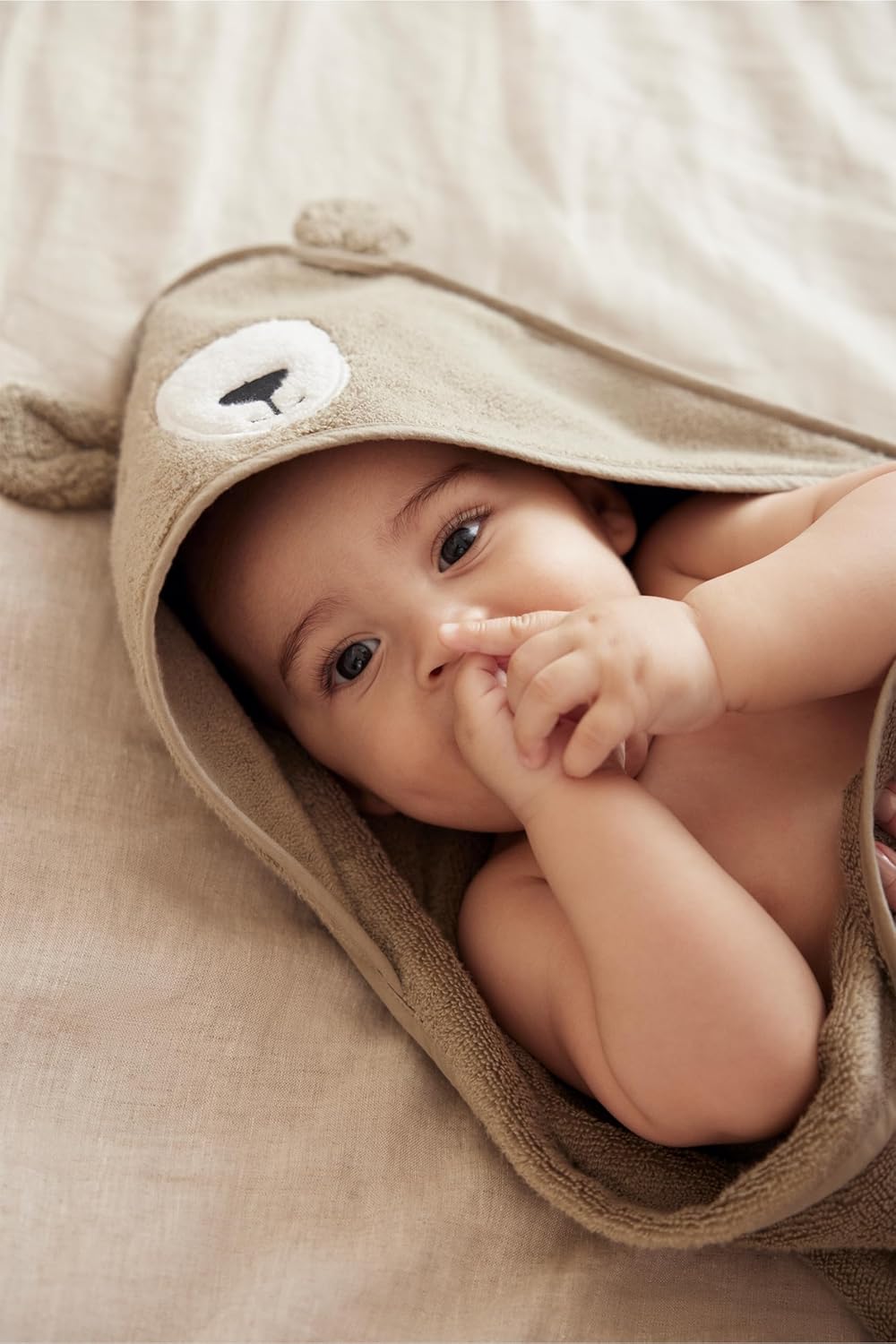 MORI Baby Hooded Bath Towel with Bear Design in Taupe - Unisex Soft Cotton Wrap Cloth for Infants and Newborns - 30 x 30”