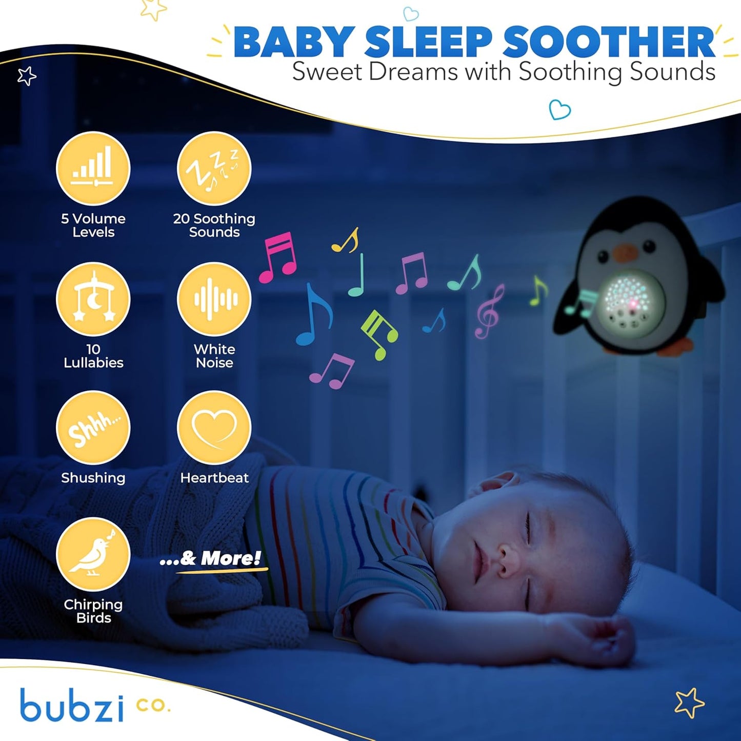 Bubzi Co Sound Machine & Shusher, Portable Penguin Soother & Night Light Projector, White Noise Sleep Aid for Infants & Toddlers