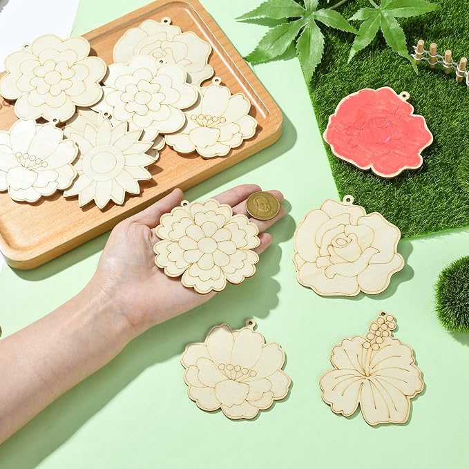 16 pcs Mixed Styles Cute Flower Theme Undyed Wood Cutout Charms Spring