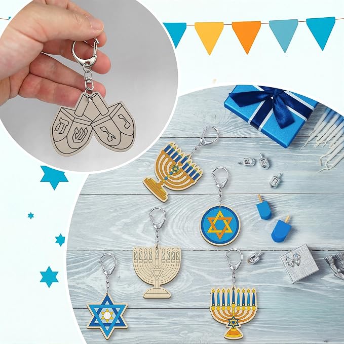 RattanView 24 Pcs Hanukkah Craft Color Your Own Keychains DIY Craft Wooden