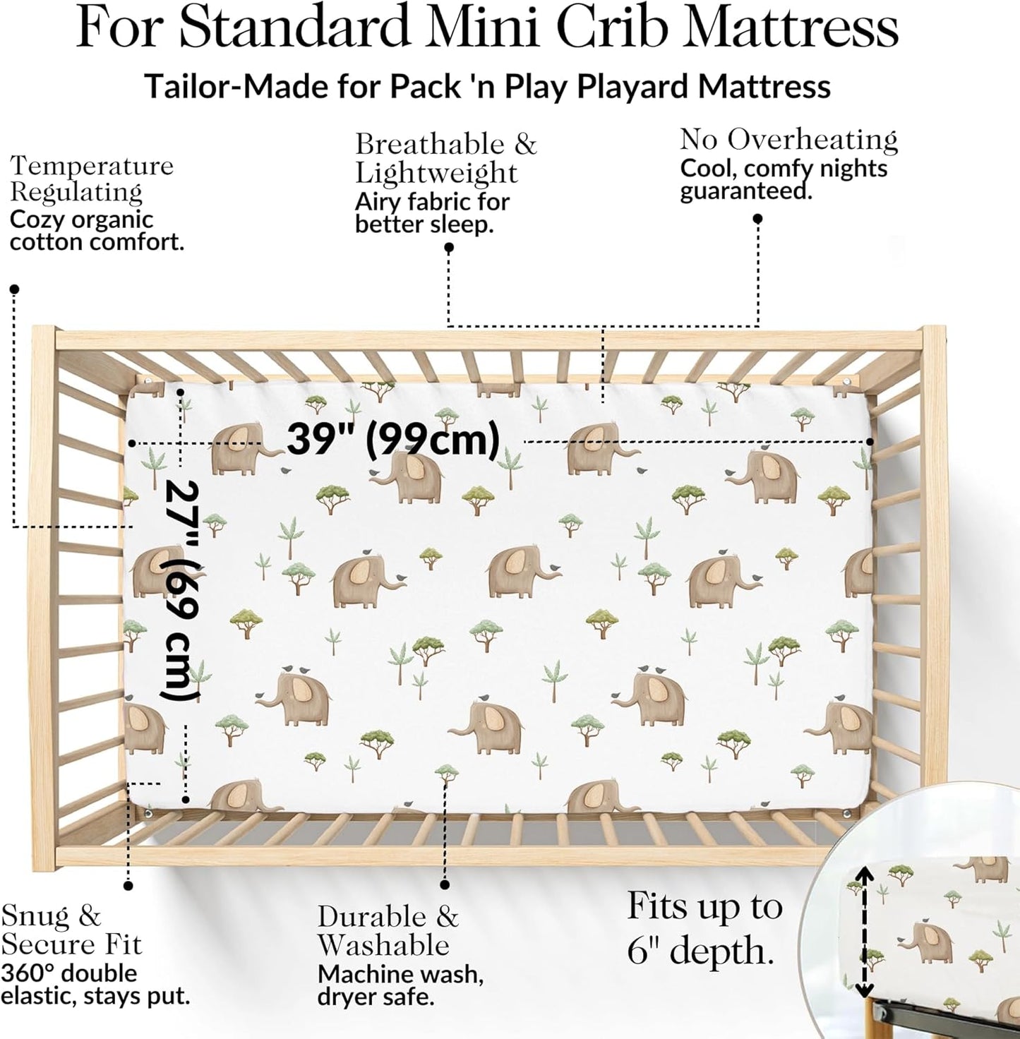 100% Organic Cotton Mini Crib Sheets (3-Pack) - GOTS Certified - Breathable Pack n Play Sheets Fitted - Double-Elastic for Secure Fit, Extra Protection for Your Baby - Gender-Neutral Prints (27"x39")