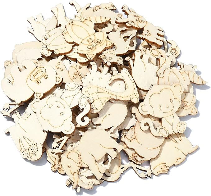 100 Pcs Unfinished Wooden Animal Cutouts Cute Blank Wood Slices